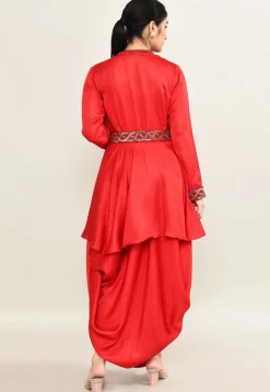 Hand Embroidered Viscose Cotton A Line Kurti Set in Red