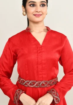 Hand Embroidered Viscose Cotton A Line Kurti Set in Red
