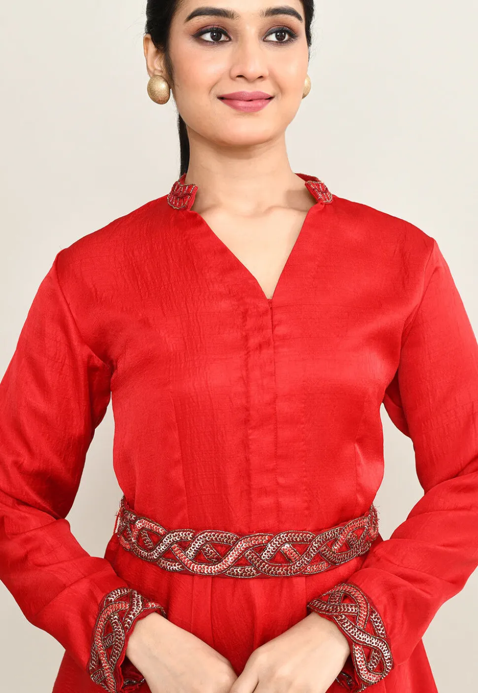Hand Embroidered Viscose Cotton A Line Kurti Set in Red