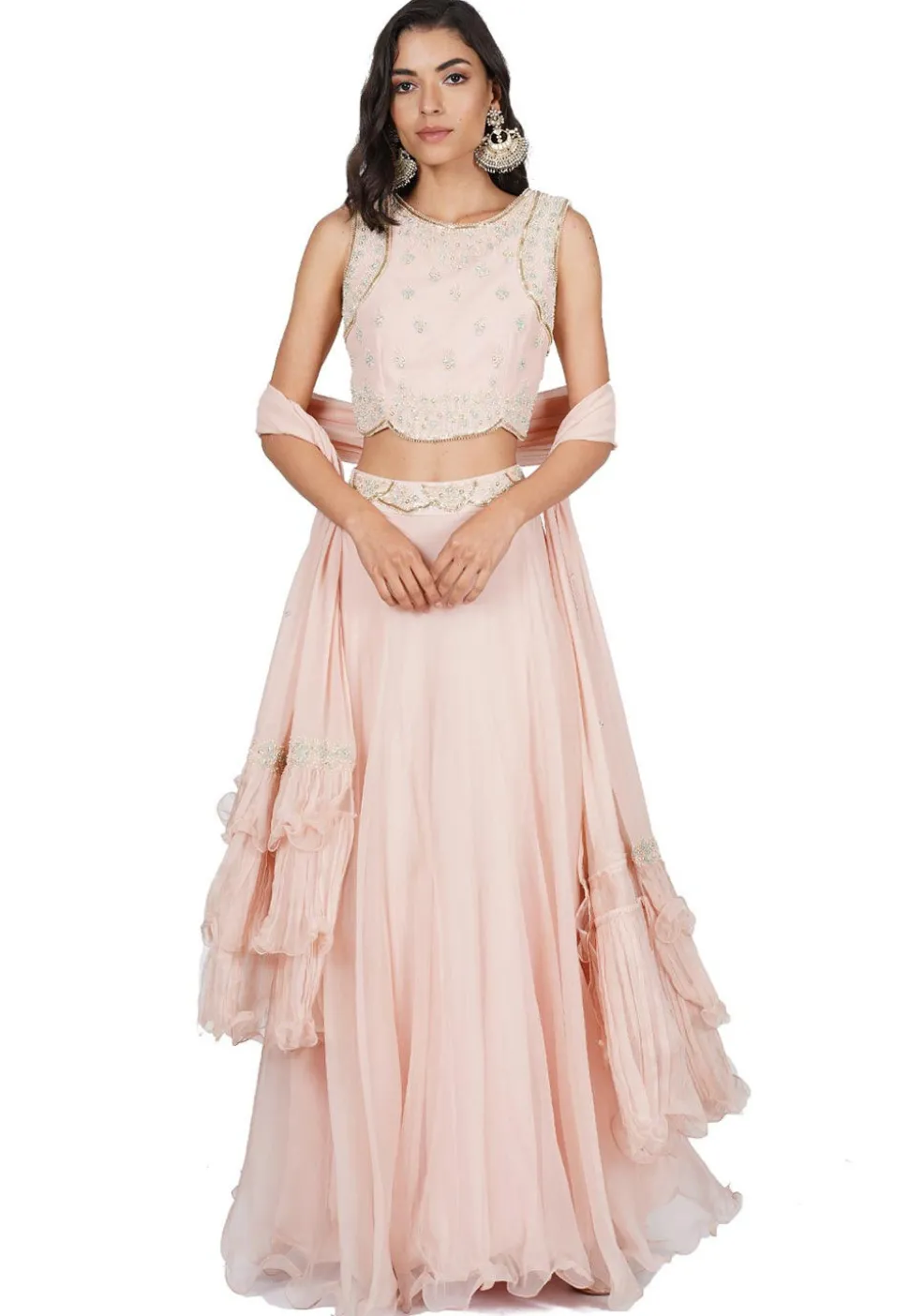 Hand Embroidered Viscose Georgette Lehenga in Baby Pink