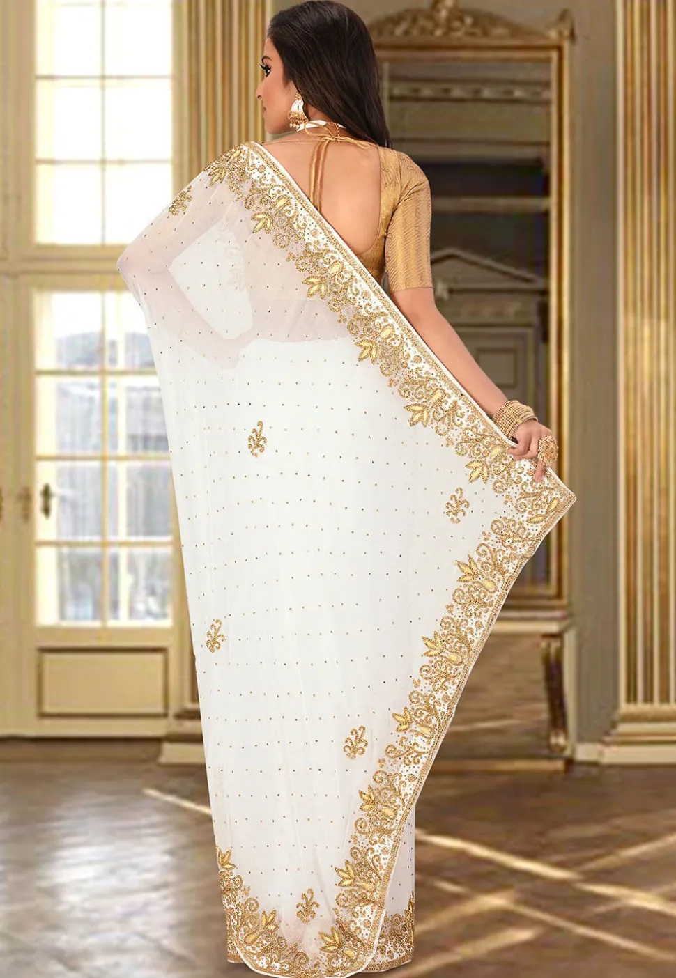 Hand Embroidered Viscose Georgette Saree in White