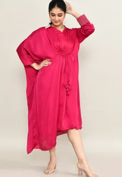 Hand Embroidered Viscose Silk Clinched Waist Dress in Fuchsia