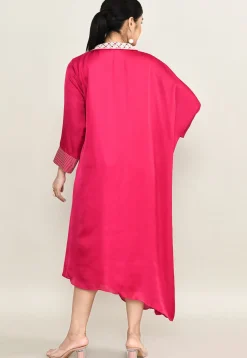 Hand Embroidered Viscose Silk Clinched Waist Dress in Fuchsia