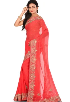 Hand Embroidered Viscose Georgette Saree in Coral Red