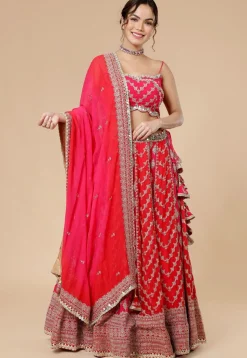Hand Embroidered Viscose Georgette Lehenga in Fuchsia