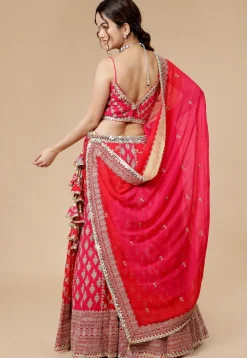 Hand Embroidered Viscose Georgette Lehenga in Fuchsia