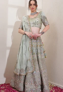 Hand Embroidered Viscose Georgette Lehenga in Pastel Green