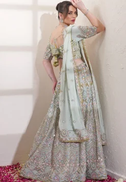 Hand Embroidered Viscose Georgette Lehenga in Pastel Green