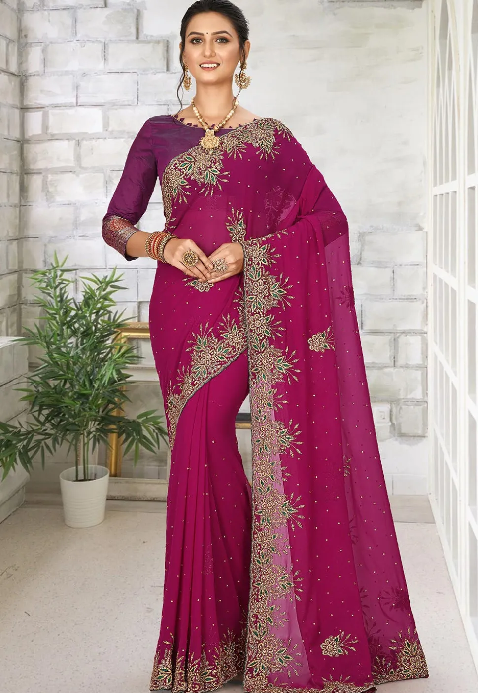Hand Embroidered Viscose Georgette Saree in Magenta