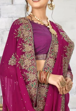 Hand Embroidered Viscose Georgette Saree in Magenta