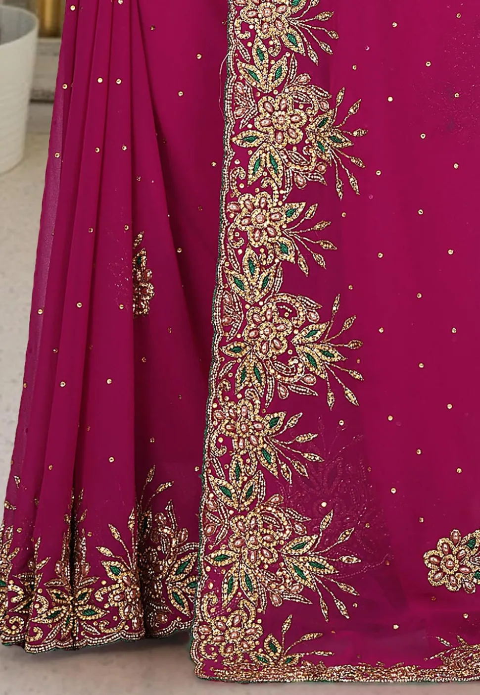 Hand Embroidered Viscose Georgette Saree in Magenta