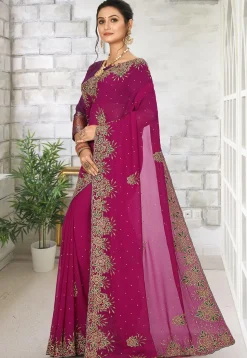 Hand Embroidered Viscose Georgette Saree in Magenta