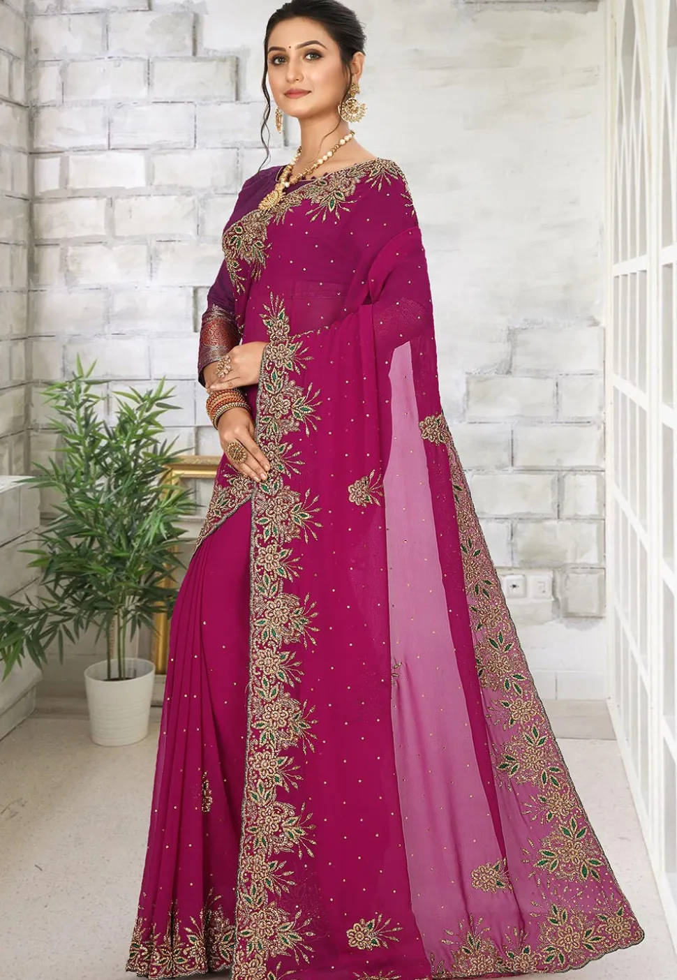Hand Embroidered Viscose Georgette Saree in Magenta
