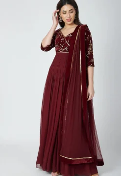 Hand Embroidered Viscose Georgette Abaya Style Suit in Maroon