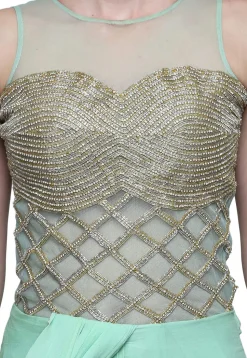 Hand Embroidered Viscose Georgette Gown with attached Dupatta in Sea Green
