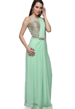 Hand Embroidered Viscose Georgette Gown with attached Dupatta in Sea Green