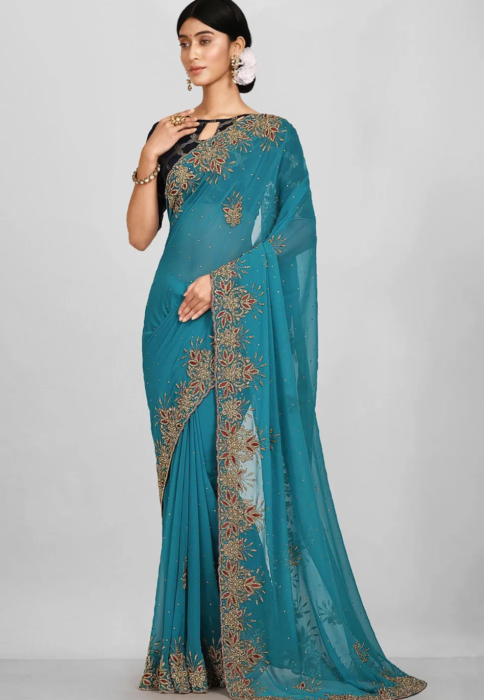 Hand Embroidered Viscose Georgette Saree in Teal Blue