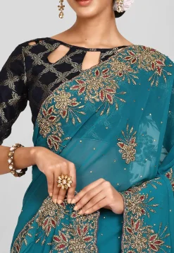 Hand Embroidered Viscose Georgette Saree in Teal Blue
