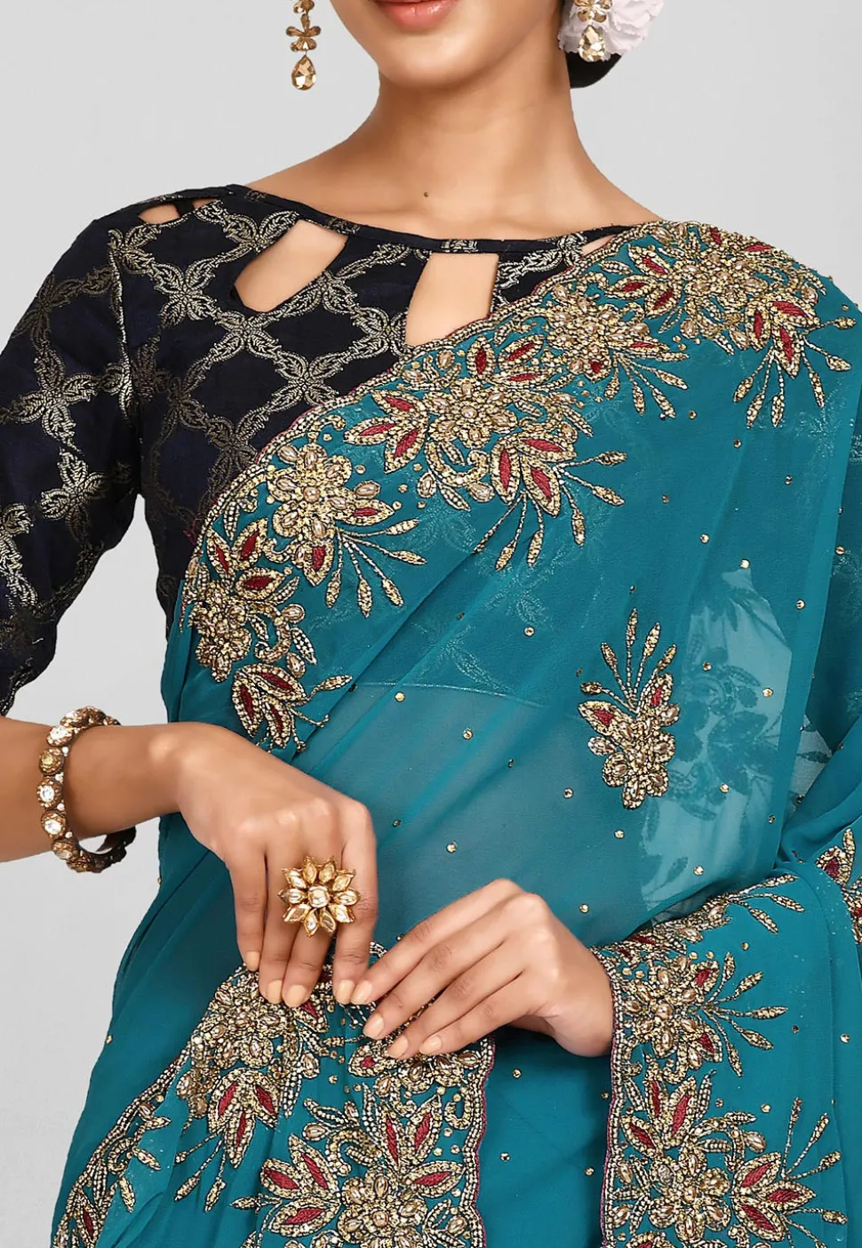 Hand Embroidered Viscose Georgette Saree in Teal Blue