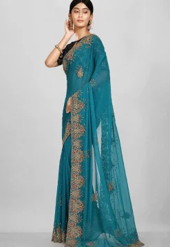 Hand Embroidered Viscose Georgette Saree in Teal Blue
