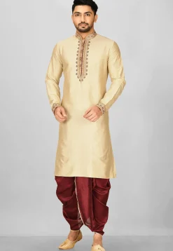 Hand Emroidered Cotton Silk Dhoti Kurta in Beige