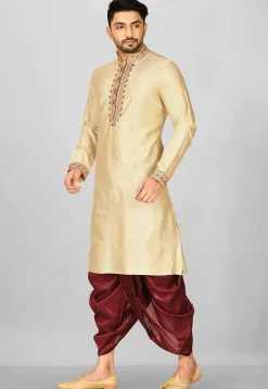 Hand Emroidered Cotton Silk Dhoti Kurta in Beige