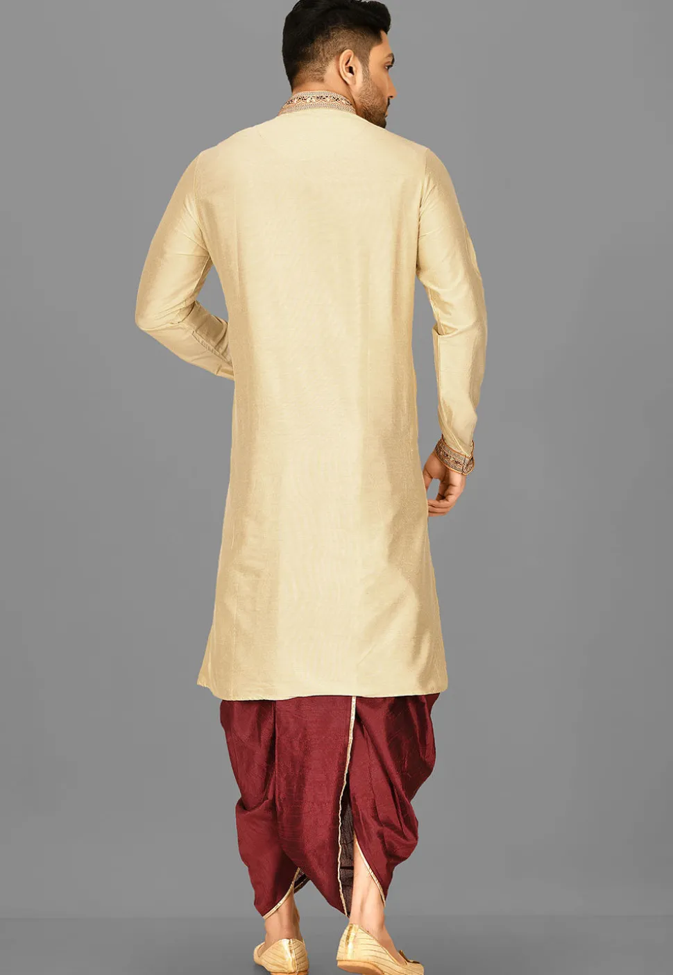 Hand Emroidered Cotton Silk Dhoti Kurta in Beige