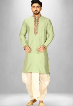Hand Emroidered Cotton Silk Dhoti Kurta in Dusty Green