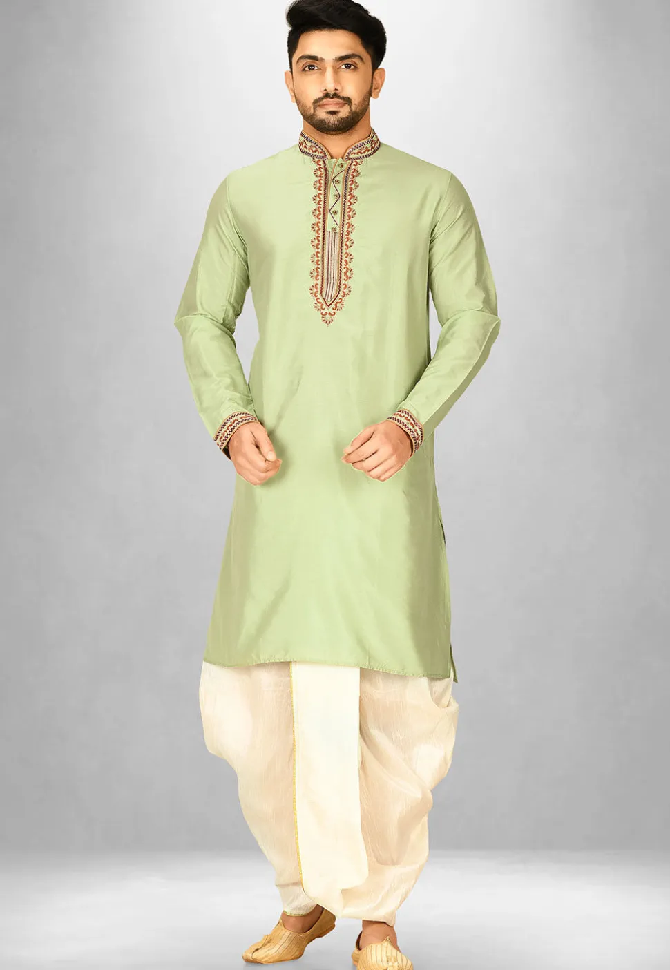 Hand Emroidered Cotton Silk Dhoti Kurta in Dusty Green