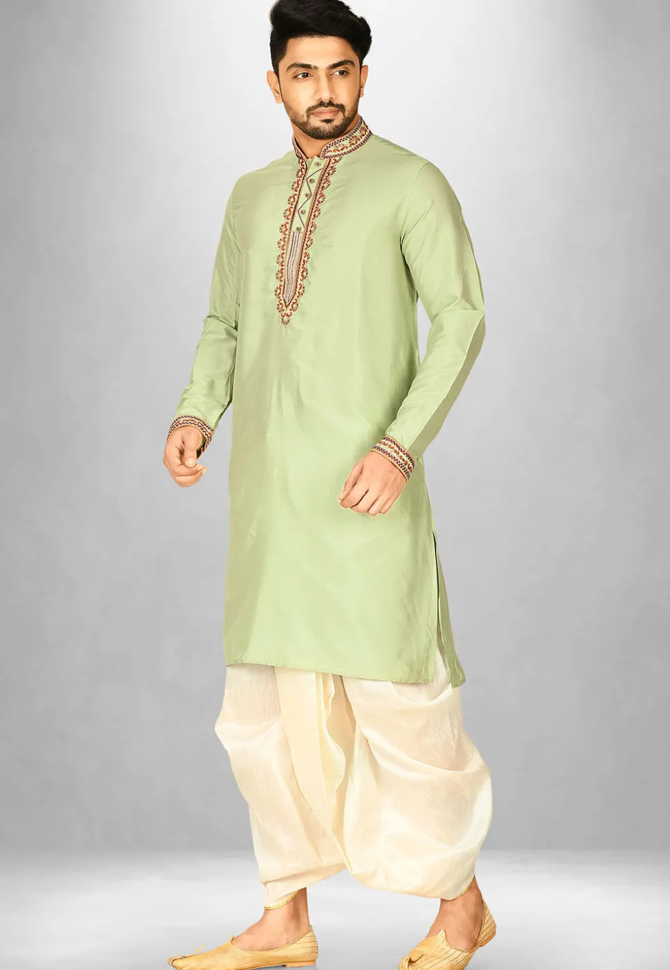 Hand Emroidered Cotton Silk Dhoti Kurta in Dusty Green