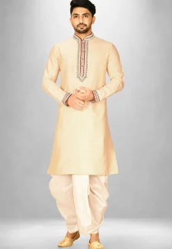 Hand Emroidered Cotton Silk Dhoti Kurta in Light Beige