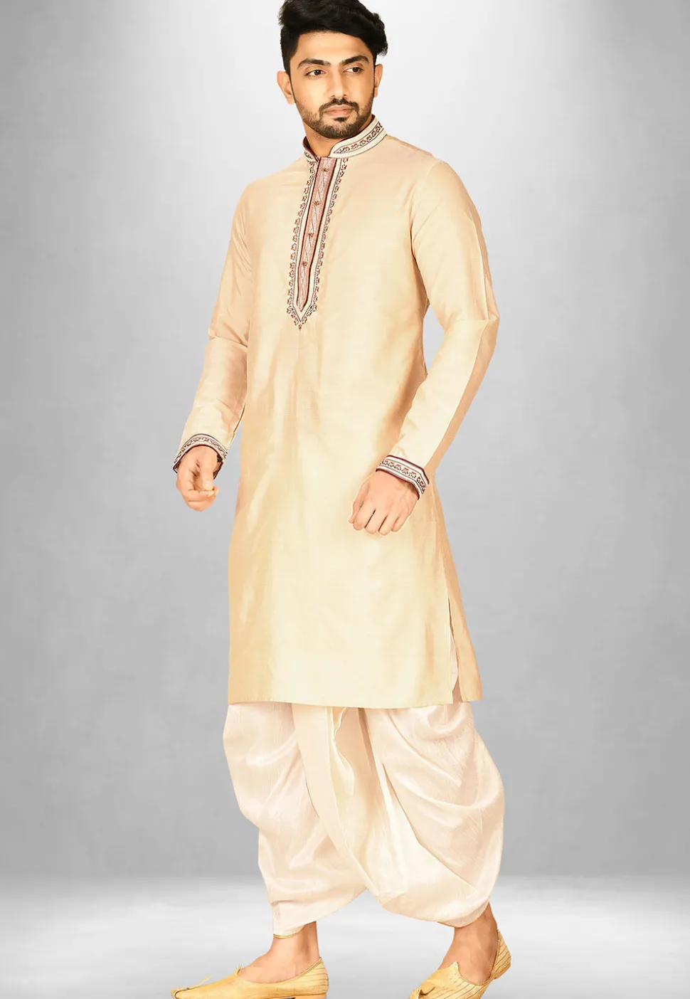 Hand Emroidered Cotton Silk Dhoti Kurta in Light Beige