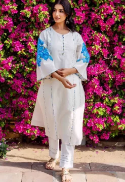 Hand Painted Chanderi Silk Straight Kurta Set in White