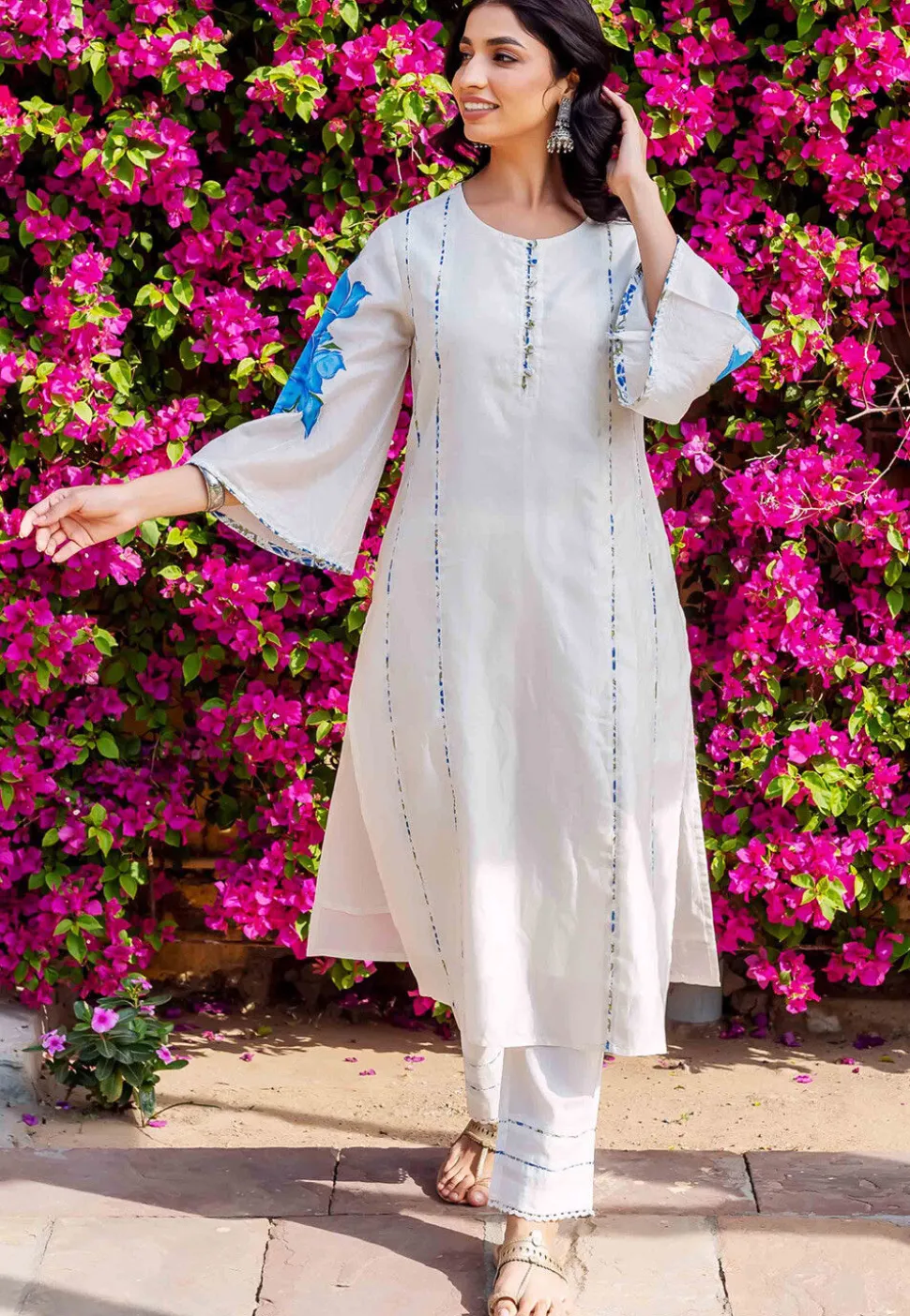 Hand Painted Chanderi Silk Straight Kurta Set in White