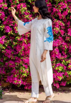 Hand Painted Chanderi Silk Straight Kurta Set in White