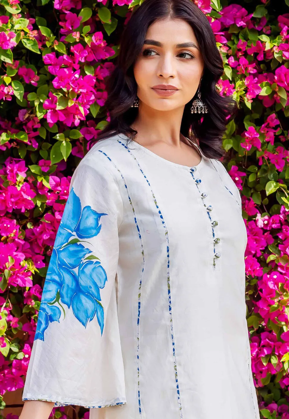 Hand Painted Chanderi Silk Straight Kurta Set in White