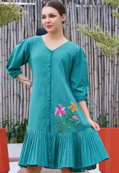 Hand Painted Cotton Dress in Teal Blue