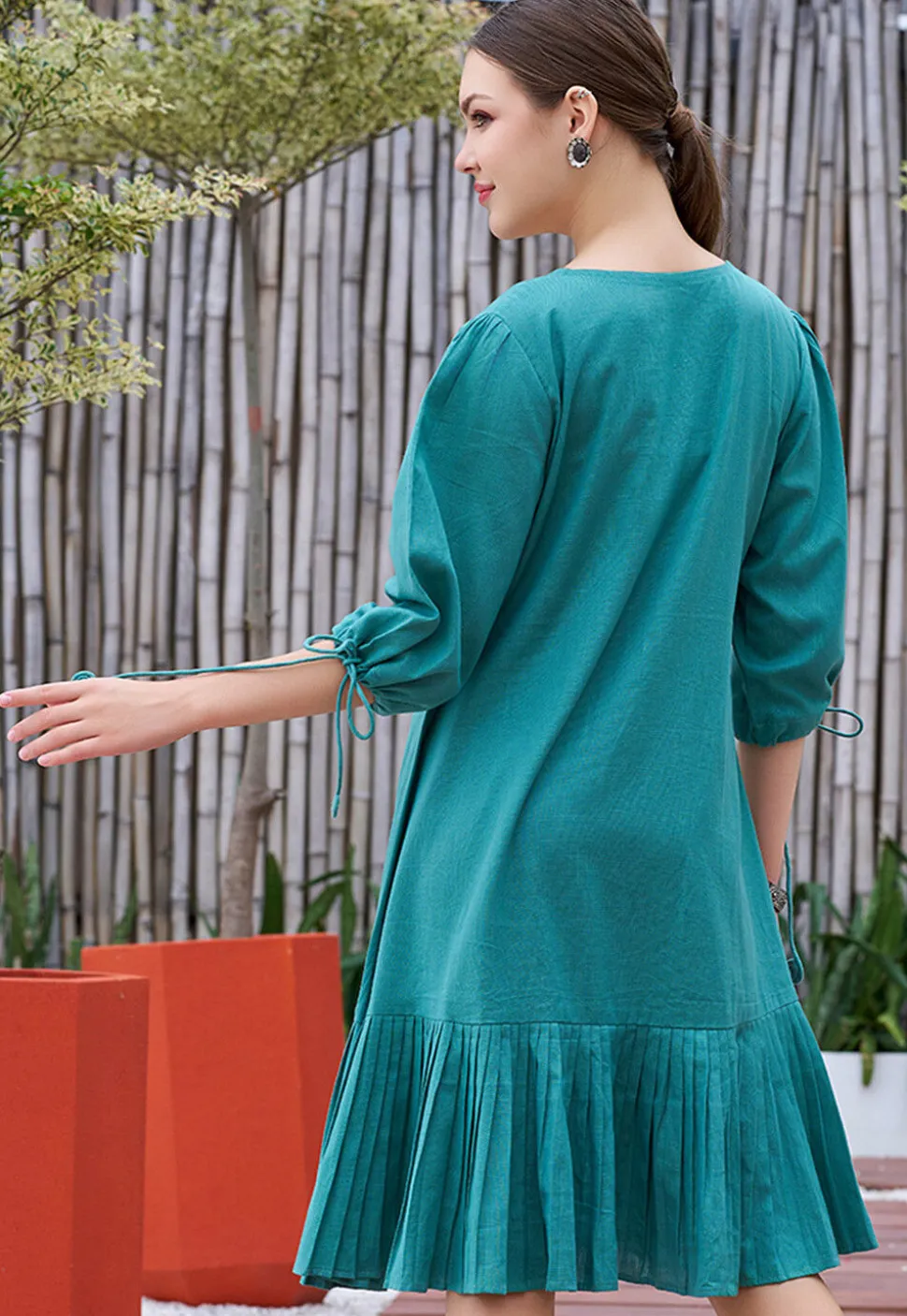 Hand Painted Cotton Dress in Teal Blue