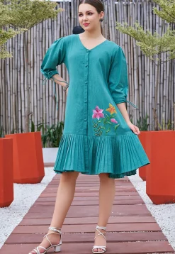Hand Painted Cotton Dress in Teal Blue