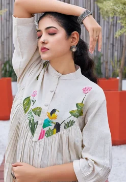 Hand Painted Cotton Midi Dress in Off White