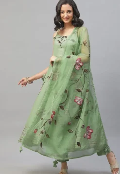 Hand Painted Cotton Tie Up Pakistani Suit in Pastel Green