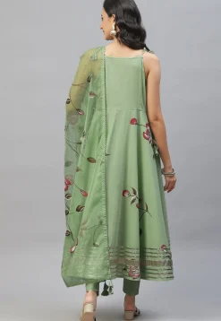 Hand Painted Cotton Tie Up Pakistani Suit in Pastel Green