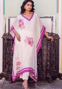 Hand Painted Georgette Kaftan Set in Off White