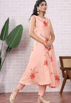 Hand Painted Modal Silk Anarkali Suit in Peach
