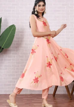 Hand Painted Modal Silk Anarkali Suit in Peach