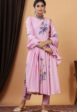 Hand Painted Modal Silk Anarkali Suit in Pink