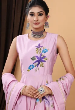 Hand Painted Modal Silk Anarkali Suit in Pink