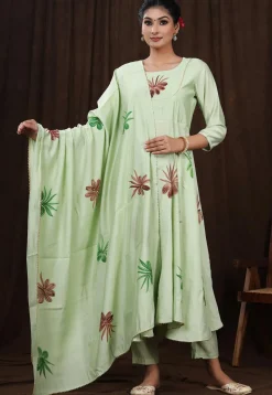 Hand Painted Modal Silk Anarkali Suit in Pastel Green