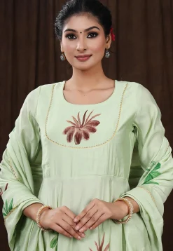 Hand Painted Modal Silk Anarkali Suit in Pastel Green
