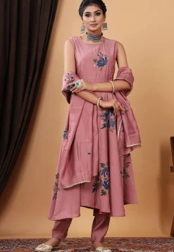Hand Painted Modal Silk Anarkali Suit in Old Rose